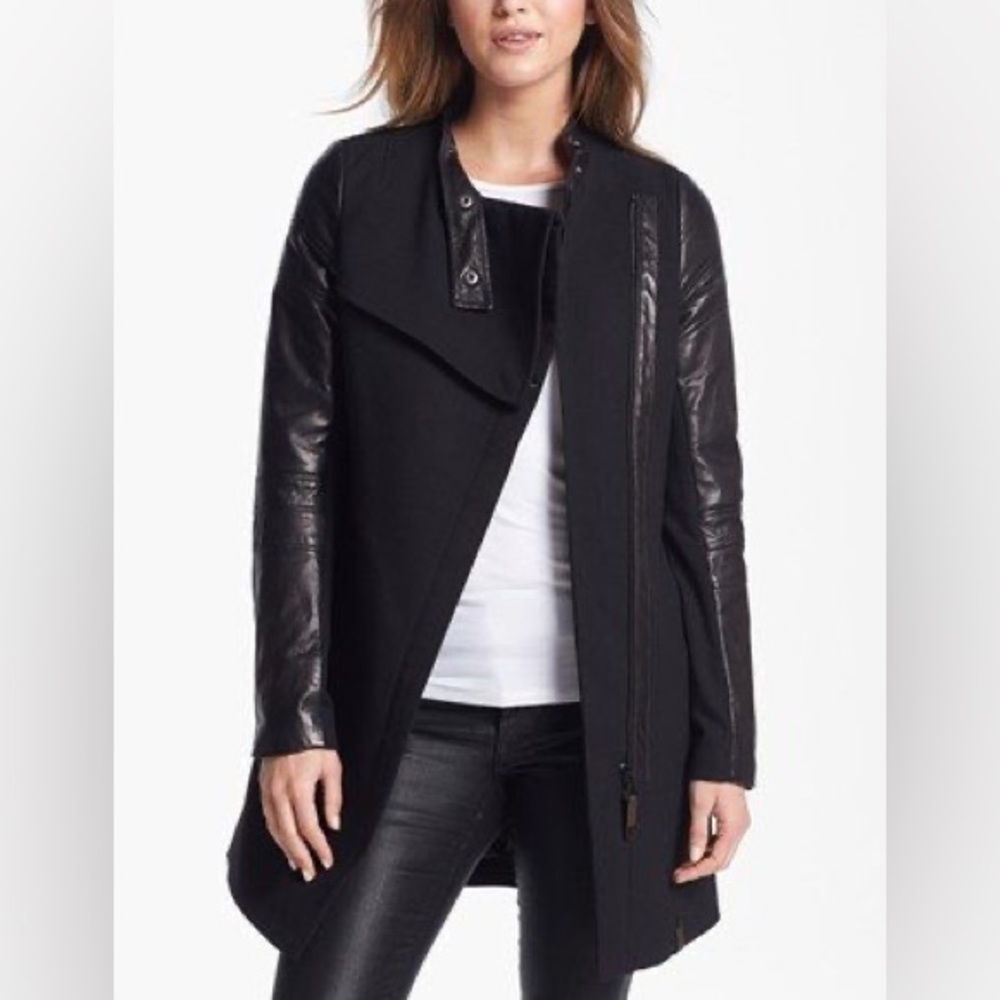 Rudsak Black Raven Designer Assymetrical Mixed Media Leather Coat Jacket Small